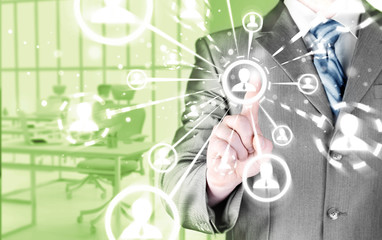 man hand pressing social media icon