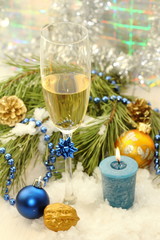 Glass of champagne with christmas decoration