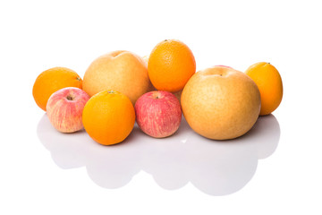 Gala apples, Nashi Asian pears and oranges over white background
