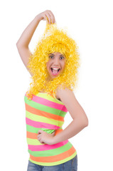 Woman with colourful wig isolated on white