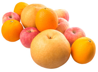 Gala apples, Nashi Asian pears and oranges over white background