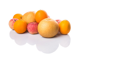 Gala apples, Nashi Asian pears and oranges over white background