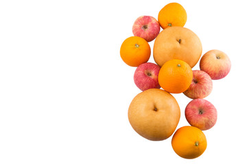 Gala apples, Nashi Asian pears and oranges over white background