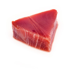 Yellowfin tuna steak isolated ona  white studio background.
