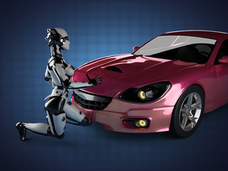 Fototapeta na wymiar luxury brandless sport car and woman robot