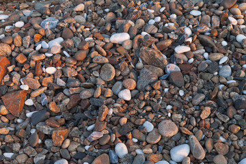 Stones on the shore of Lake in sunset light. Natural background