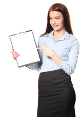 Happy smiling cheerful young businesswoman with clipboard, isola