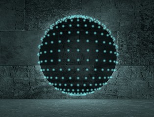 neon light disco sphere in concrete room