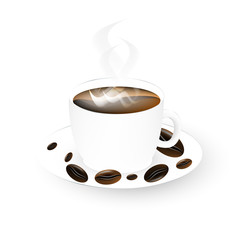 Cup of coffee white vector background with coffee beans