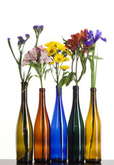 beautiful flowers in colorful bottles