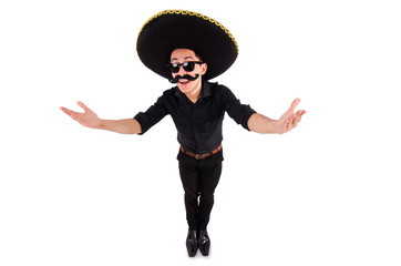 Funny man wearing mexican sombrero hat isolated on white