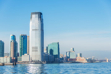 Skyline of Jersey City on bright summer day