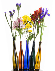 beautiful flowers in colorful bottles