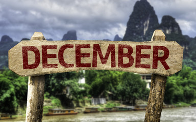 December sign with a forest background