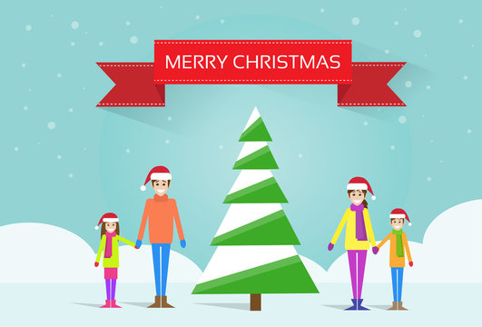 christmas happy family with green tree greeting card
