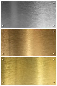 Golden, silver and copper metal plates set isolated