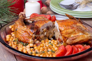 Roasted Christmas whole chicken with chickpeas