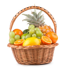 ripe fresh fruits in a basket isolated on white background