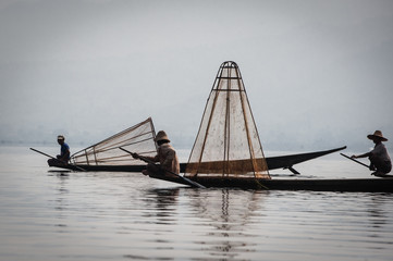 Three fishmen at Inle Lake