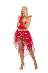 Queen in red dress isolated on white
