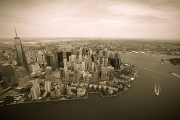 New York. Stunning helicopter view of lower Manhattan.Tinted