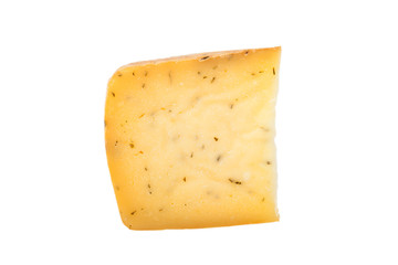 triangular piece of cheese with herbs isolated on a white backgr
