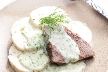dill sauce with beef meat