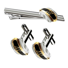 isolated set of cufflinks and tie pins on a white background