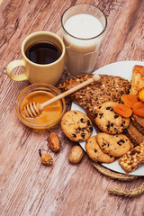 tasty breakfast with curd, pie and tea 
