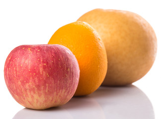Gala apples, Nashi Asian pears and oranges over white background