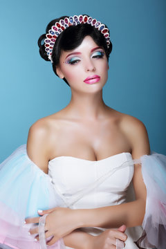 Fashion Model with Dramatic Theatrical Makeup and Diadem