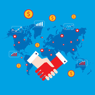 Handshake and money icons on world map background Successful business concept