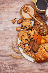 tasty breakfast with curd, pie and tea 