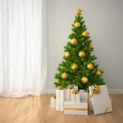 Christmas tree with gold decor and gift boxes  in classic style