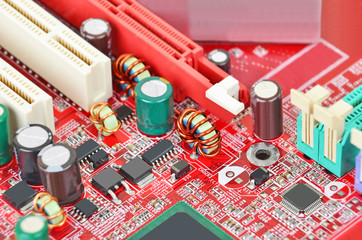 Printed computer motherboard with microcircuit, close up