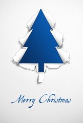 Kartka świąteczna z niebieską choinką wydartą z papieru