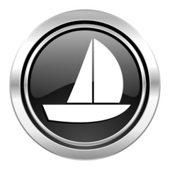 yacht icon, black chrome button, sail sign