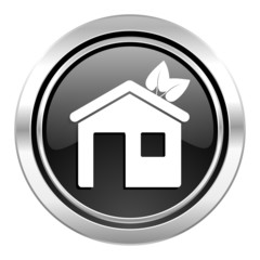 house icon, black chrome button, ecological home symbol