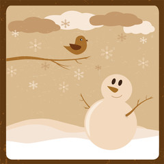 Retro grunge snowman with bird