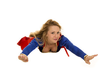 woman super hero flying straight forward