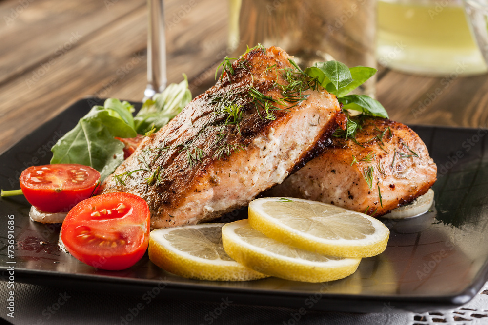 Canvas Prints Fried salmon steak with vegetables