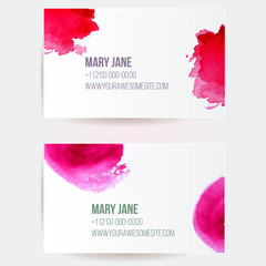 Business card templates with pink watercolor splashes
