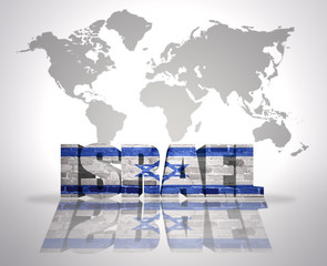 Word Israel on a world map background