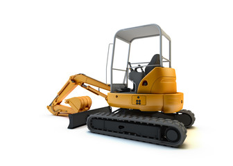 Yellow mini excavator isolated on white background