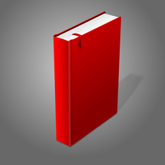 Realistic standing red blank hardcover book with bookmark.