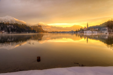 Bled with lake in winter, Slovenia, Europe