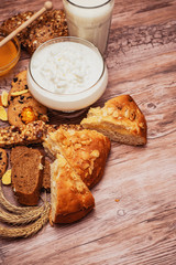 tasty breakfast with curd, pie and tea