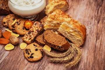 tasty breakfast with curd, pie and tea 