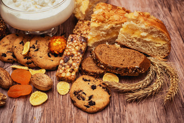 tasty breakfast with curd, pie and tea 