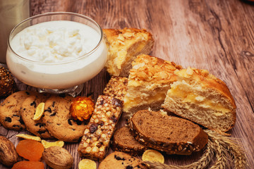 tasty breakfast with curd, pie and tea 